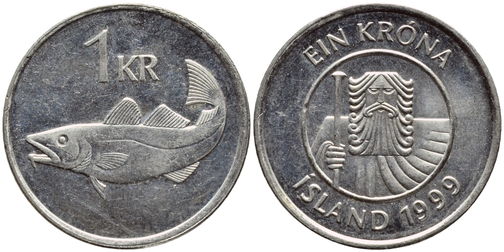 Исландия 1 крона 1999 треска KM 27а сталь плакированная никелем 3334-735