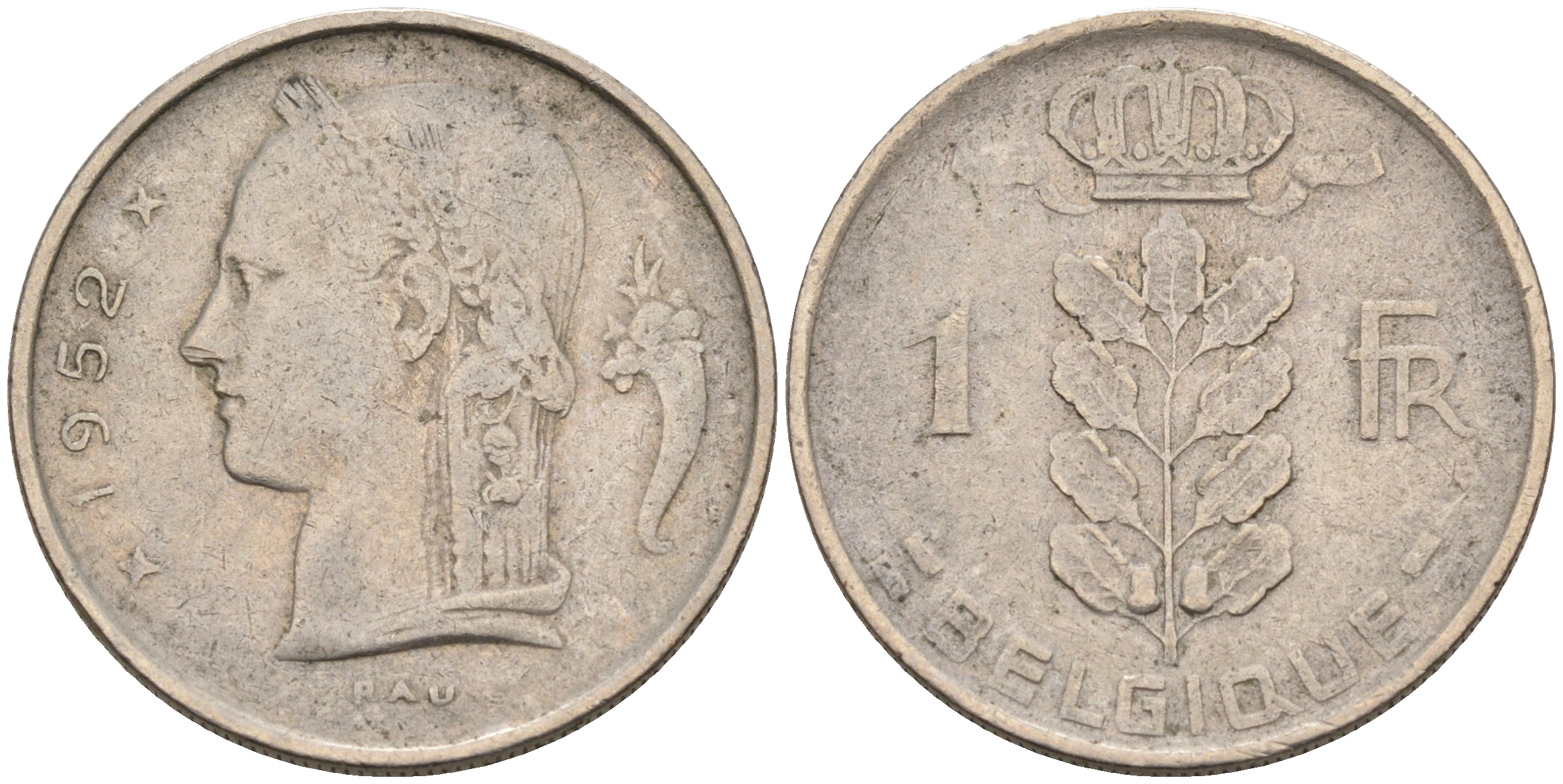 БЕЛЬГИЯ 1 ФРАНК 1952 BELGIQUE KM 142.1 медно-никель 4563-1212