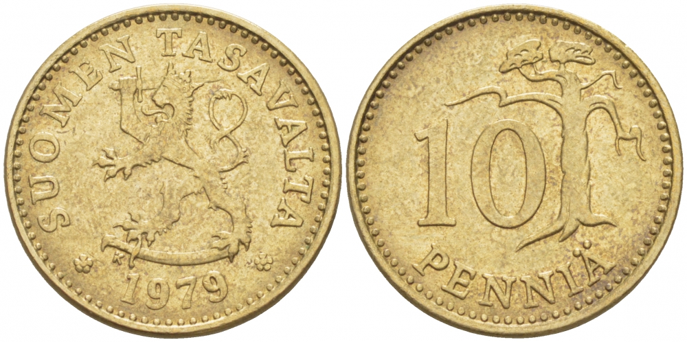 ФИНЛЯНДИЯ 10 ПЕННИ 1979 K KM 46 алюминиевая бронза 3718-133