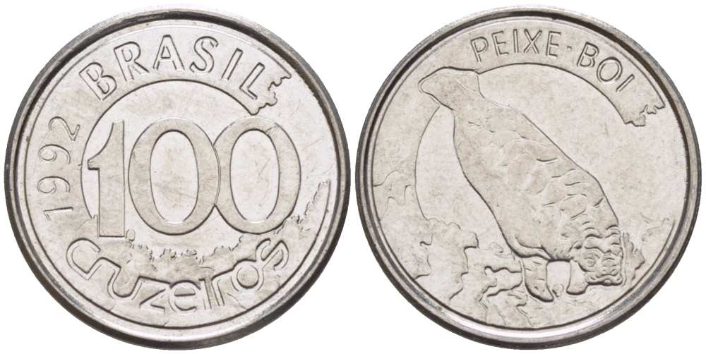 БРАЗИЛИЯ 100 КРУЗЕЙРО 1992 РЕФОРМА 1990-1993, ЛАМАНТИН KM 623 нержавеющая сталь 4387-332