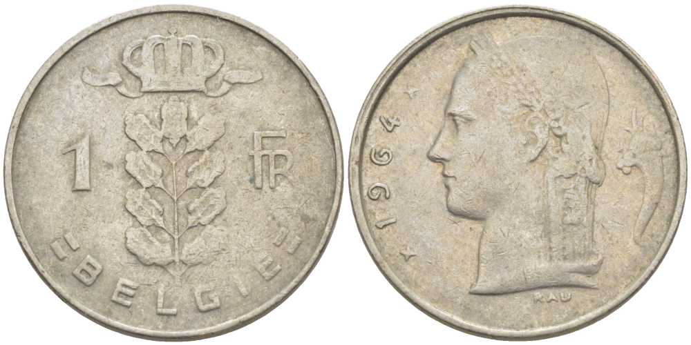 БЕЛЬГИЯ 1 ФРАНК 1964 BELGIE, БОДУЭН I (1951-1993) KM 143.1 медно-никель 119-552