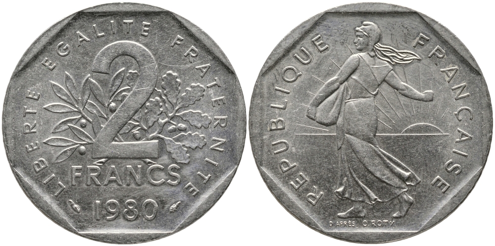 ФРАНЦИЯ 2 ФРАНКА 1980 СЕЯТЕЛЬ KM 942.1, LE FRANC 272.4 никель 65-1027
