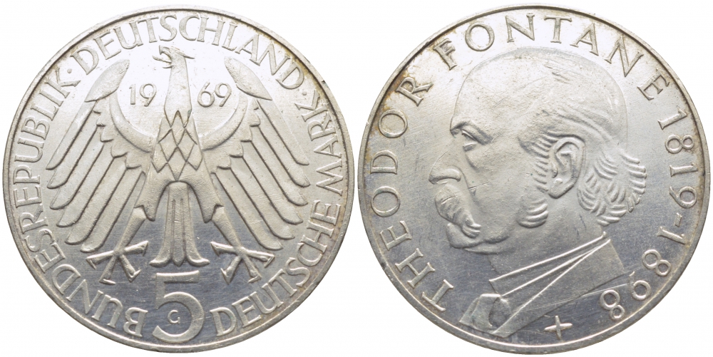 ФРГ 5 марок 1969 G, 150 лет со дня рождения Теодора Фонтана J. 399, KM 125.1 серебро 109-634