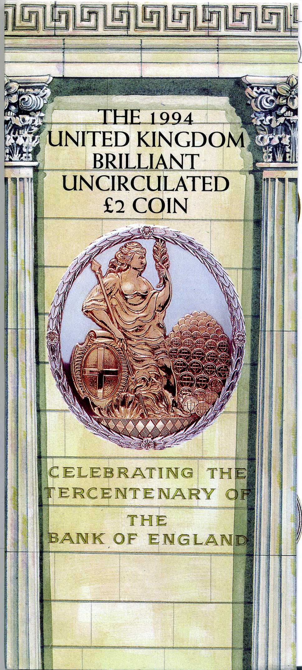 Великобритания 2 фунта 1994 Елизавета II (1952-2022), 300 лет банку Англии (1694-1994), в оригинальном картонном буклете KM 968, Spink 4314 (K4) никель латунь BUNC 3-4-4-40