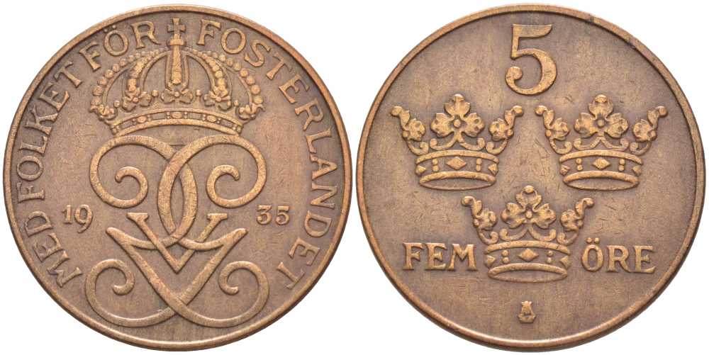 Швеция 5 эре 1935 Густав V (1907-1950) KM 779.2 бронза 115-843