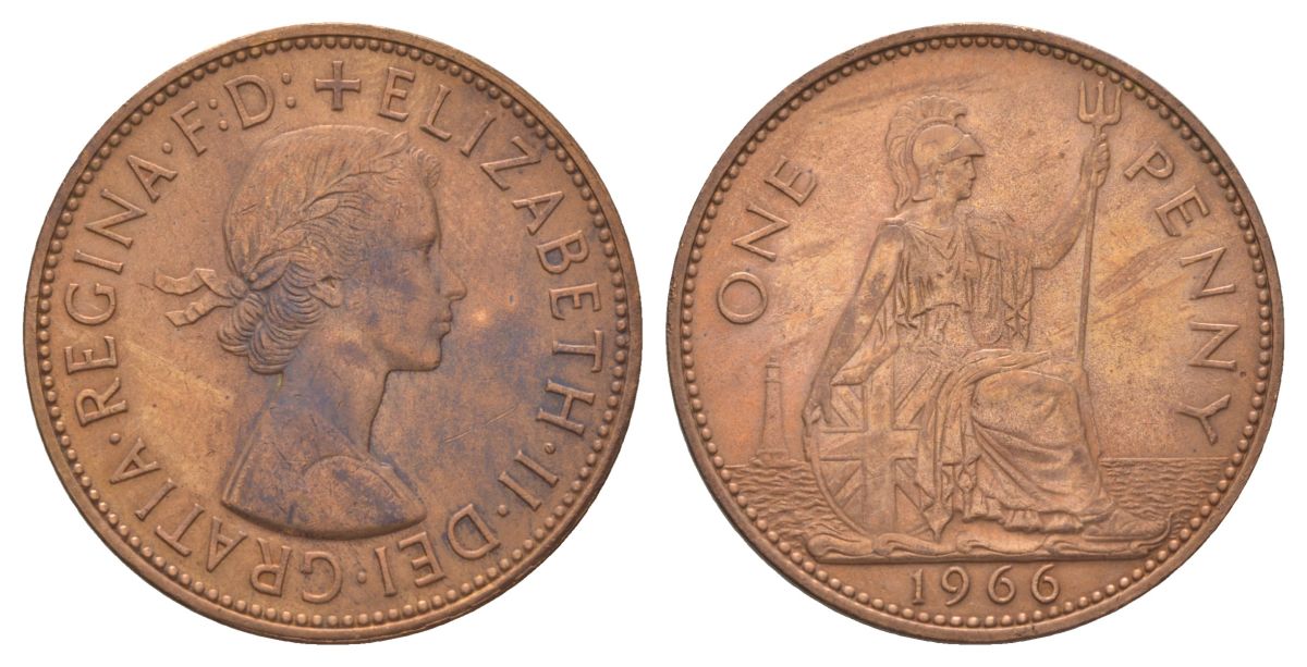 Великобритания 1 пенни 1966 Елизавета II (1952-2022) KM 897, Spink 4157 бронза 4179-212