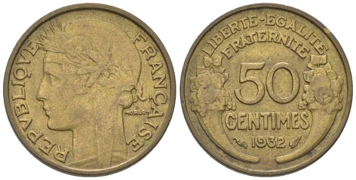 Франция 50 сантимов 1932 KM 894.1, Le Franc 192.15 алюминиевая бронза 4564-1048