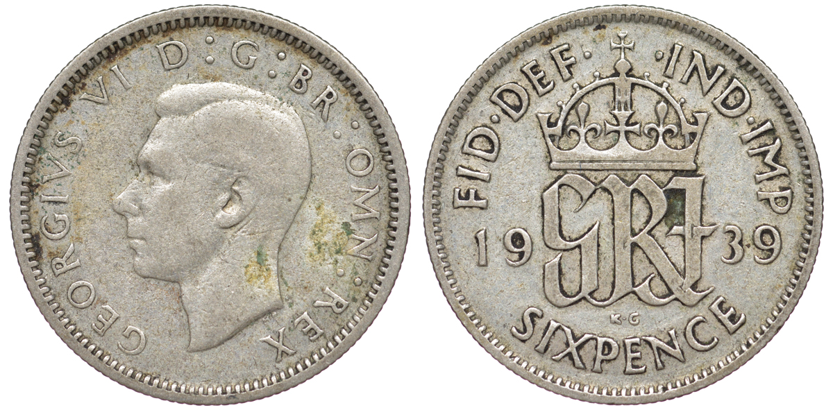 Великобритания 6 пенсов 1939 Георг VI (1936-1952) KM 852, Spink 4084 серебро 4178-267
