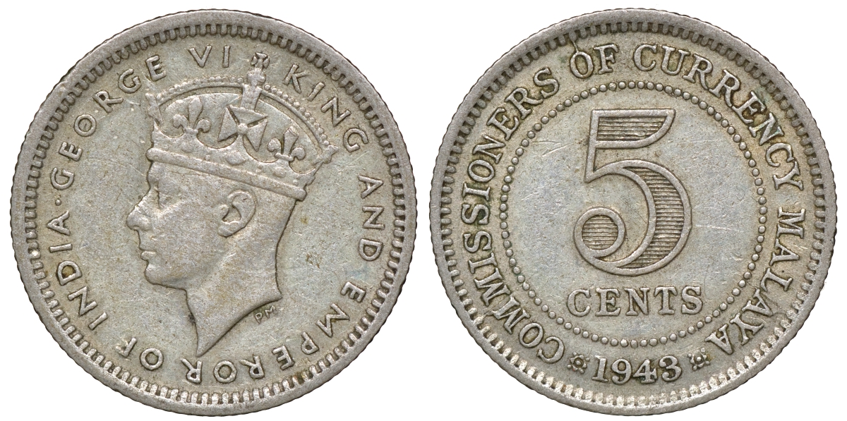 Британская Малайя 5 центов 1943 Георг VI (1937-1952) KM 3a серебро 53-144