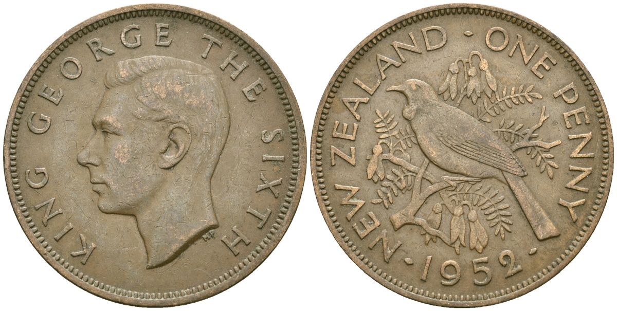Новая Зеландия 1 пенни 1952 Георг VI (1936-1952), новозеландский туи KM 21 бронза 4542-1246
