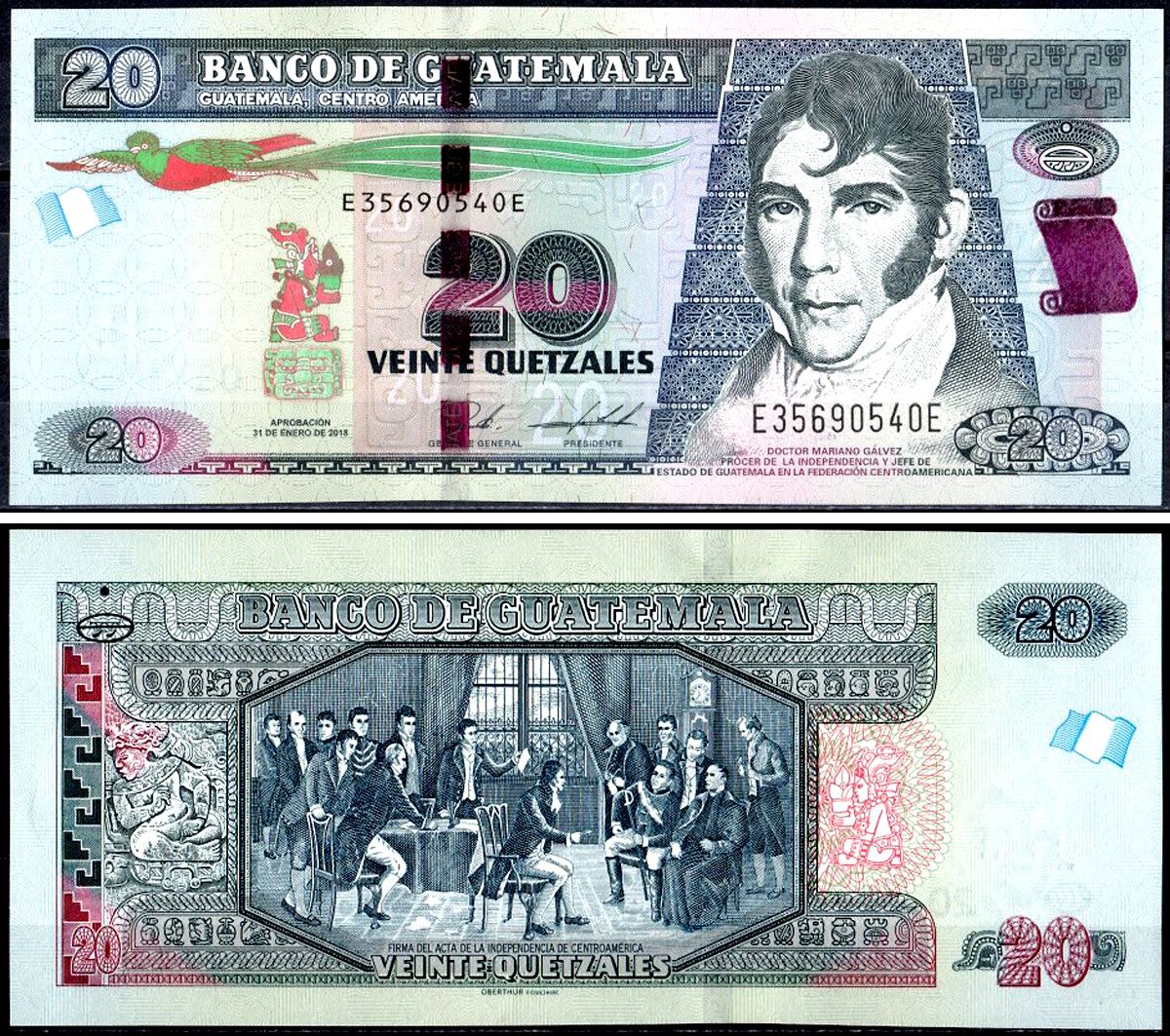 Гватемала 20 кетсалей 2018 Pick 124 бумага UNC (пресс) 402-54-2-1