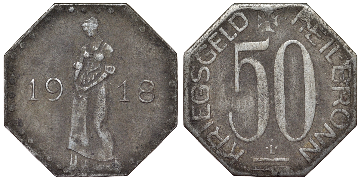 Германия, Хайльбронн 50 пфеннигов 1918 Баден-Вюртемберг, нотгельд, тонкий кружок Funck 204.xx железо 4121-447