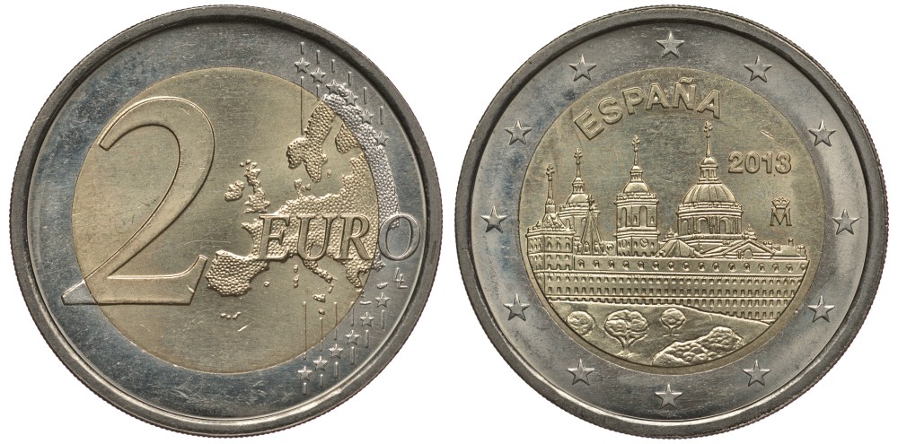 ИСПАНИЯ 2 ЕВРО 2013 ЮНЕСКО, МОНАСТЫРЬ ЭСКОРИАЛ KM 1305 биметалл 3856-652