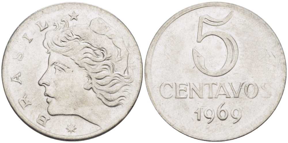 Бразилия 5 сентаво 1969  голова свободы влево KM 577.2, Schon 82a нержавеющая сталь 58-514