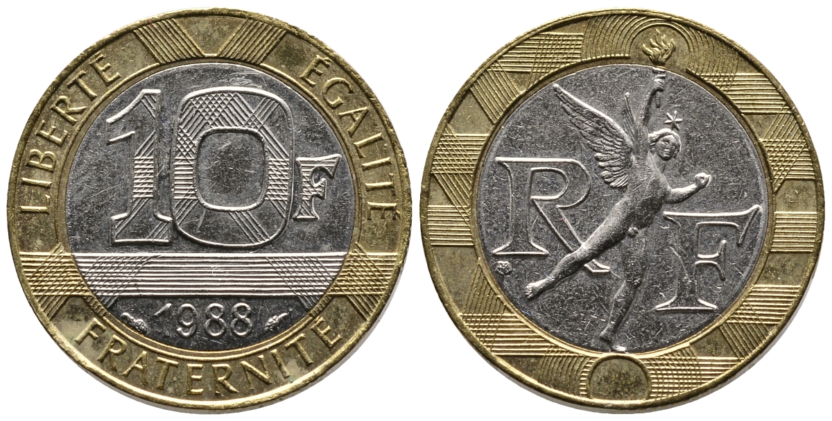 Франция 10 франков 1988 тип Гений Бастилии KM 964.1, Le Frank 375.2 биметалл 80-523