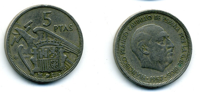 ИСПАНИЯ 5 ПЕСЕТ 1957 (62) ФРАНСИСКО ФРАНКО ДИКТАТОР ИСПАНИИ (1939-1975) KM 786 медно-никель 56-913