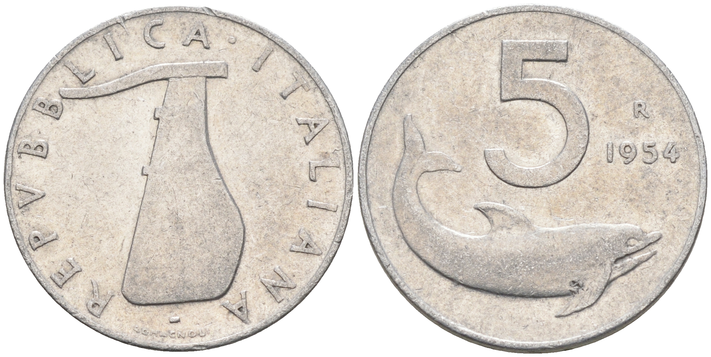 Италия 5 лир 1954 R, дельфин KM 92 алюминий 4594-1032