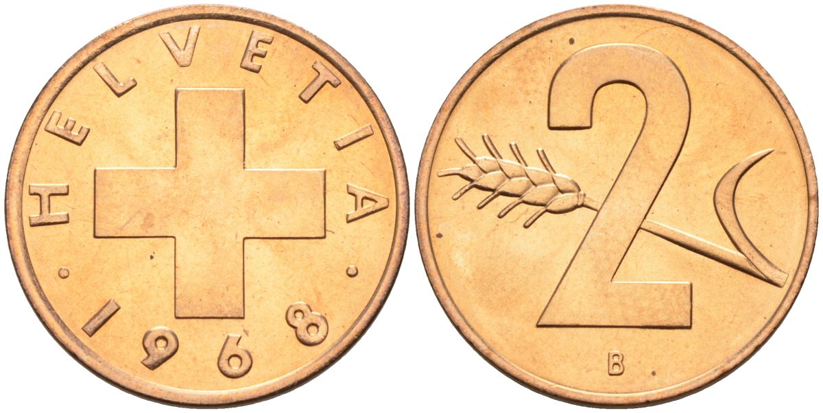 Швейцария 2 раппена 1968 В KM 47 бронза UNC 4566-331