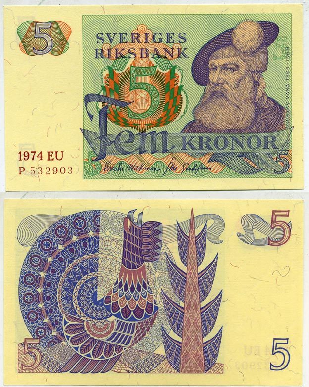 Швеция 5 крон 1974 EU, Густав I Ваза Pick 51c бумага 445-32-3
