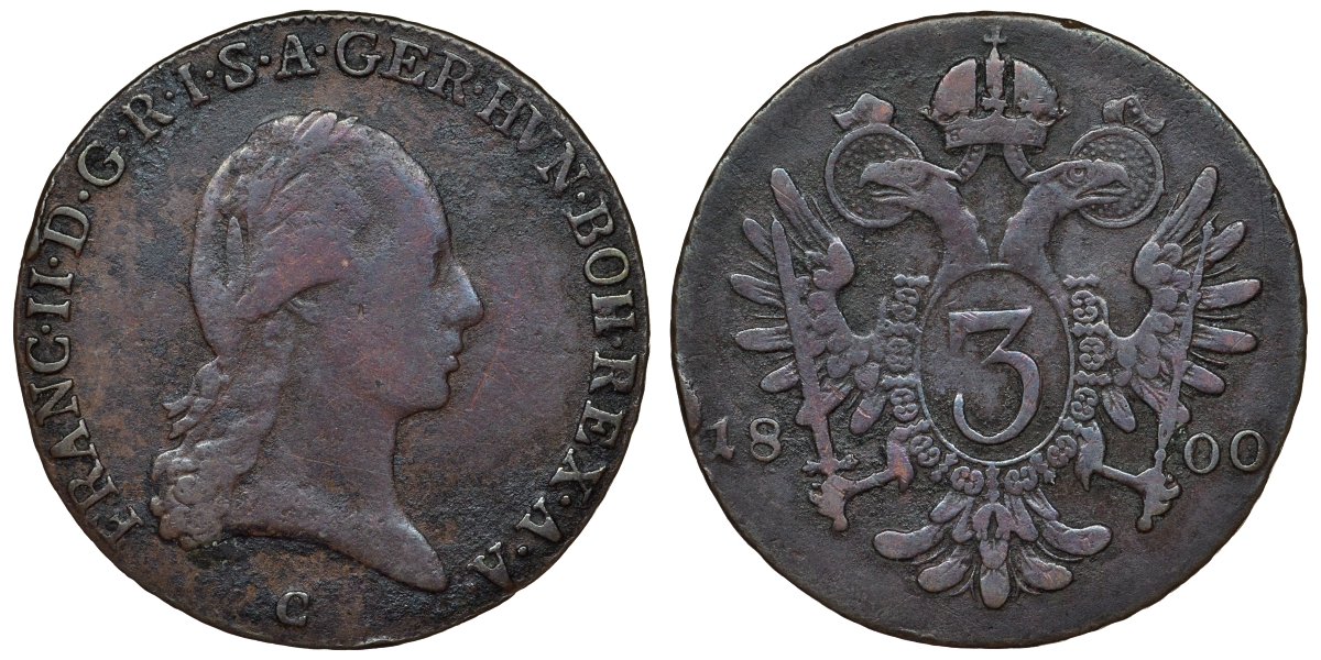 Австрия 3 крейцера 1800 С, Франц II (Франц Иосиф Карл) (1792-1806) KM 2115.3 медь 00-00