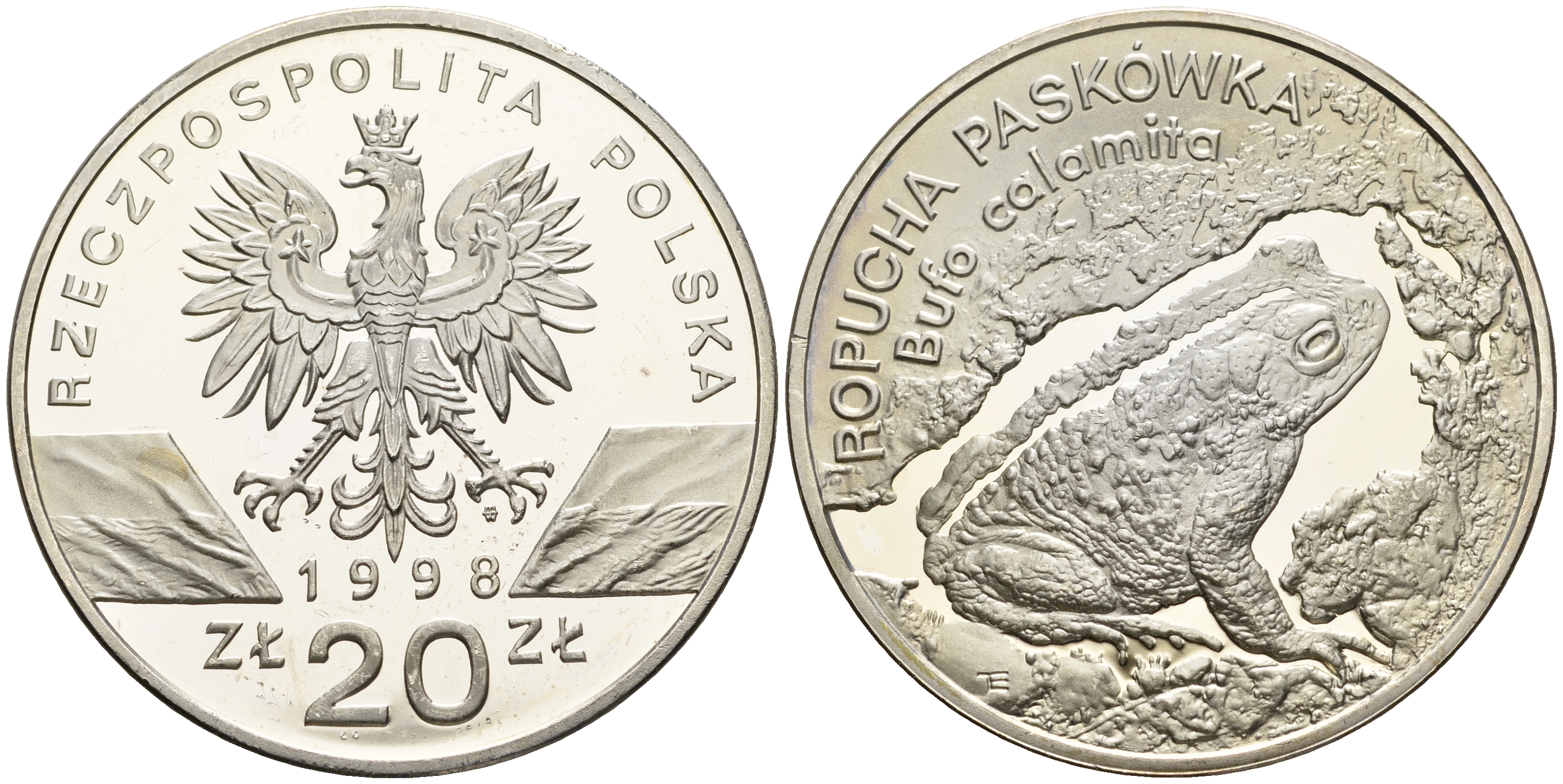 Польша 20 злотых 1998 серия сохраним наш мир, лягушка, тираж 20000 экз. KM 343, Par. 774 серебро PROOF 00-822-46