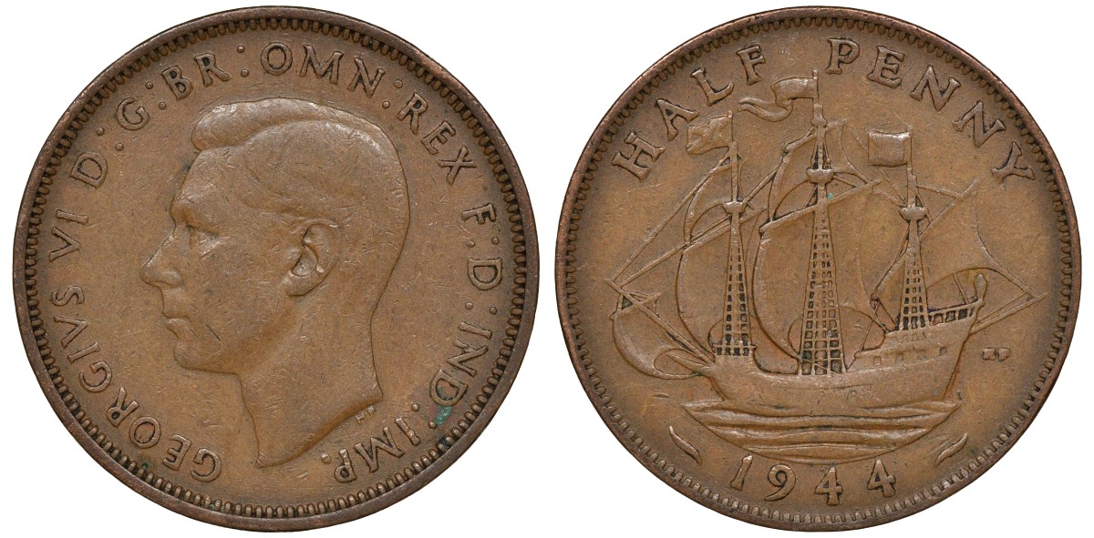 Великобритания 1/2 пенни 1944 Георг VI (1936-1952) KM 844, Spink 4115 бронза 4163-553