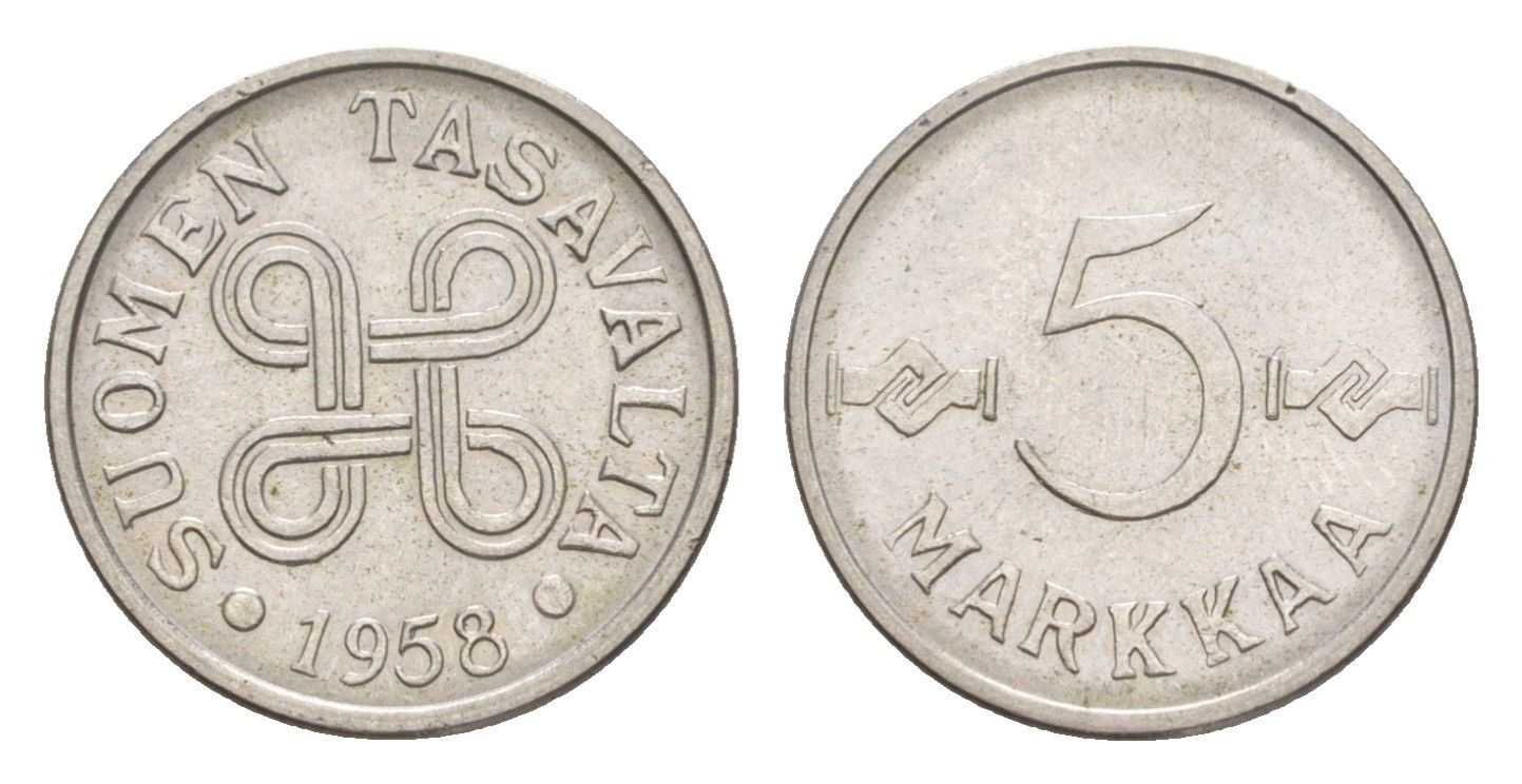 Финляндия 5 марок 1958 KM 37a железо плакированное никелем 4647-446