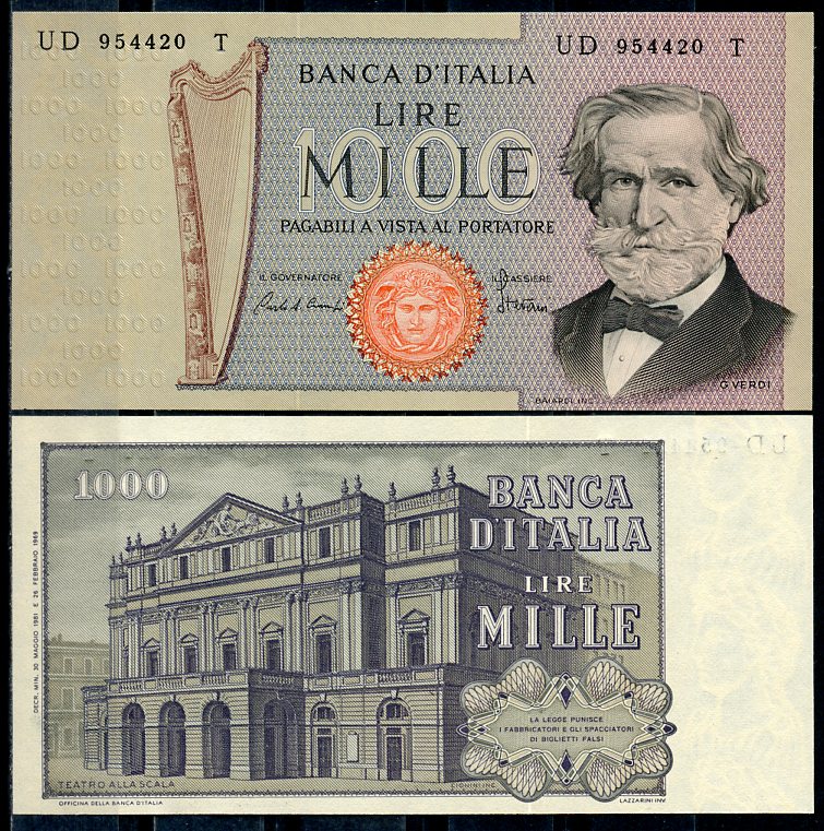 Италия 1000 лир 1981 Джузеппе Верди Pick 101 h  бумага  UNC (пресс) 448-54-1
