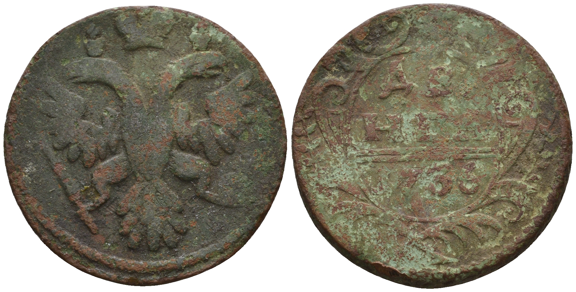 Россия деньга 1736 Анна Иоановна (1730-1740) KM 188 медь 259-1124