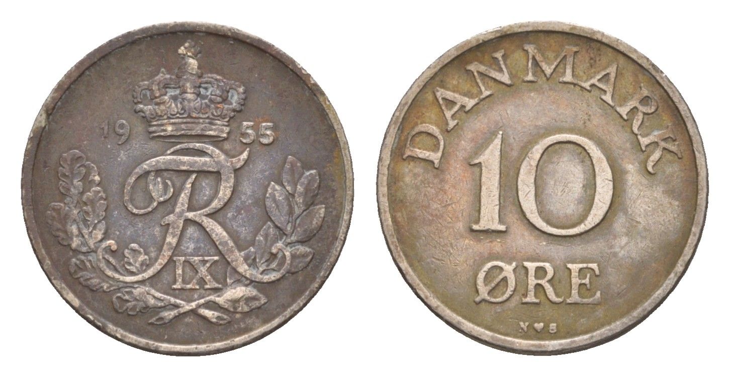Дания 10 эре 1955 N, Фредерик IX (1947-1972) KM 841 медно-никель 4658-312