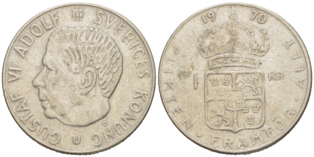 Швеция 1 крона 1970 Густав VI Адольф (1950-1973) KM 826a медь плакированная медно-никелем 77-635