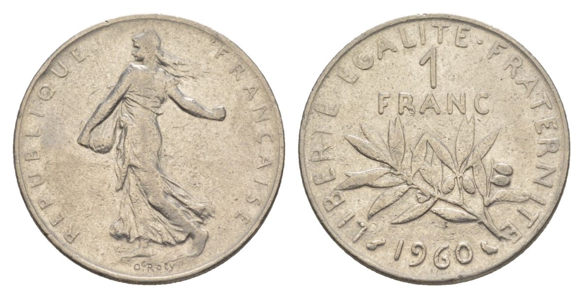 Франция 1 франк 1960 сеятель KM 925.1, Le Franc 226.4 никель 4631-532