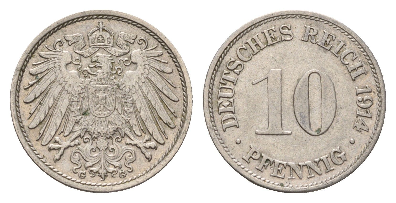Германия 10 пфеннигов 1914 G, Вильгельм II (1888-1918) KM 12, J. 13 медно-никель 4636-1052
