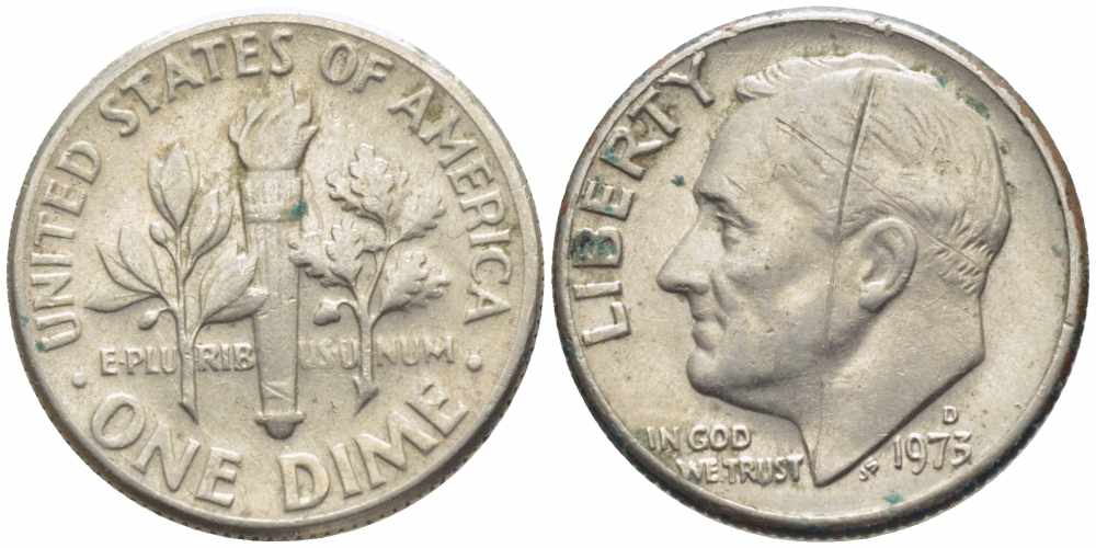 США 10 ЦЕНТОВ = 1 ДАЙМ 1973 D, РУЗВЕЛЬТ KM 195а медь плакированная медно-никелем 112-424