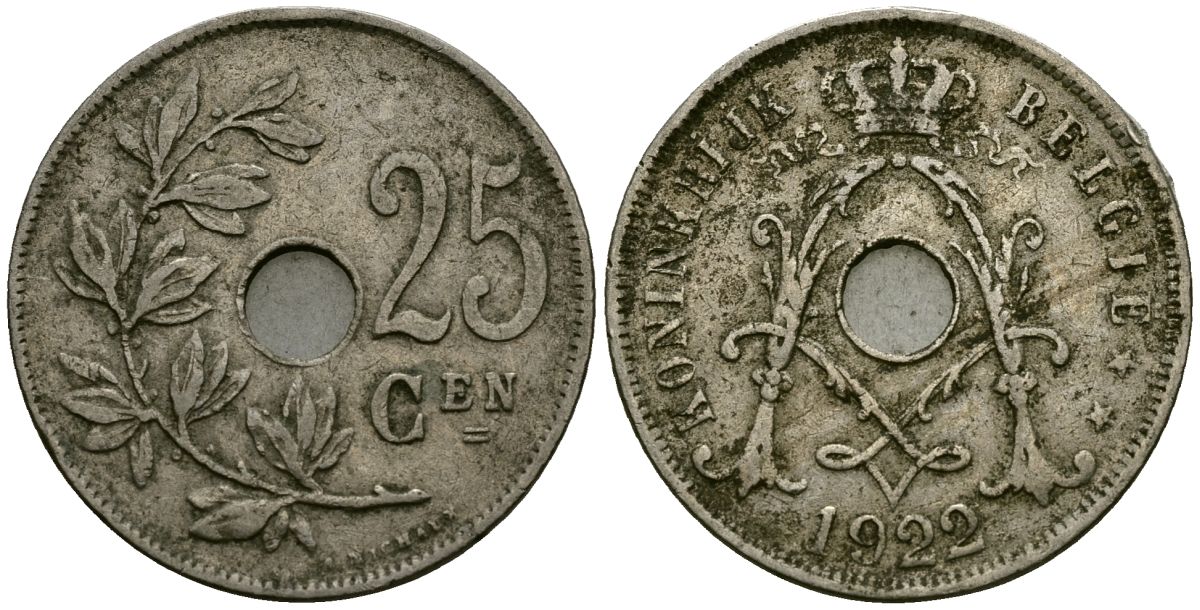 Бельгия 25 сантимов 1922 Belgie KM 69 медно-никель 4165-835