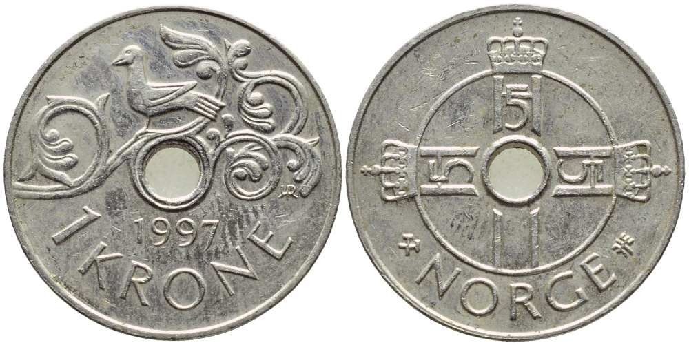 Норвегия 1 крона 1997 Харальд V (1992- ) KM 462 медно-никель 93-1111