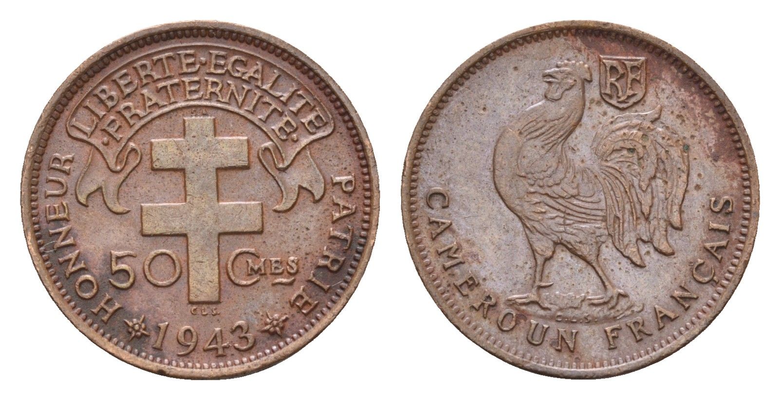 Камерун 50 сантимов 1943 CAMEROUN FRANÇAIS, год-тип KM 4 бронза 1518-1725