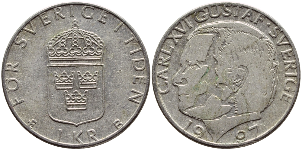 Швеция 1 крона 1997 Карл XVI Густав (1973- ) KM 852a медно-никель 4381-534