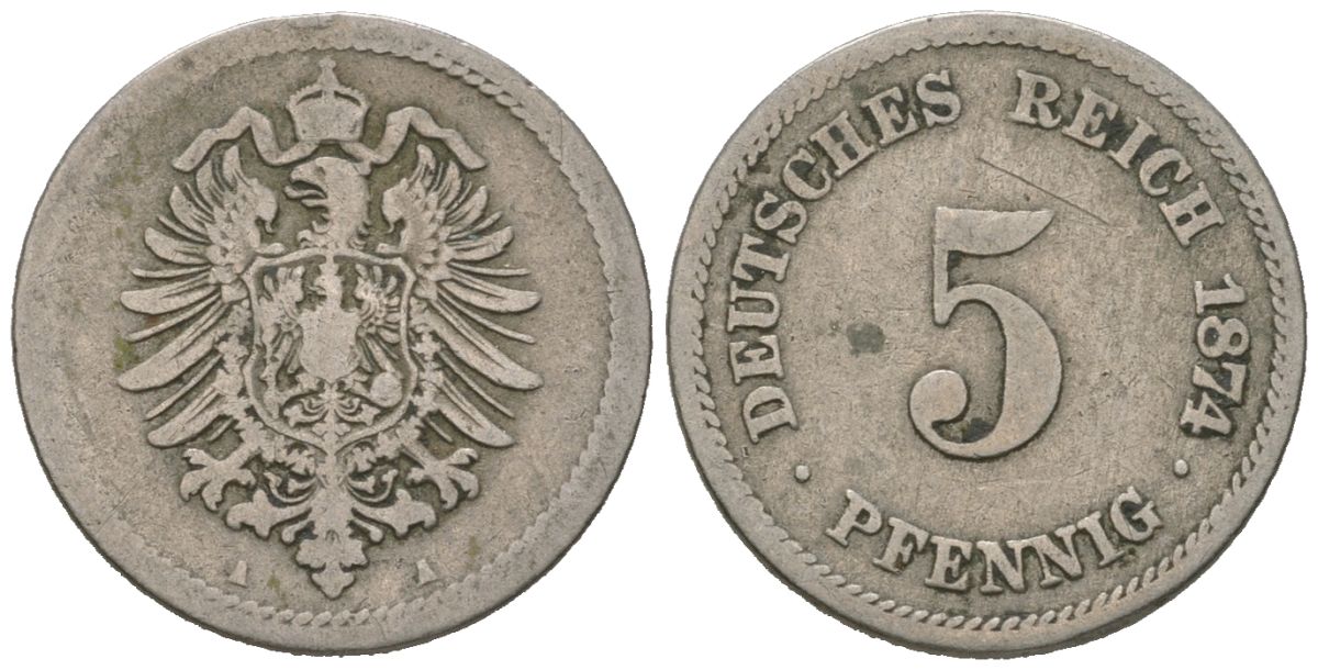 Германия 5 пфеннигов 1874 KM 3, Jager 3, Weege 5 медно-никель 188-122