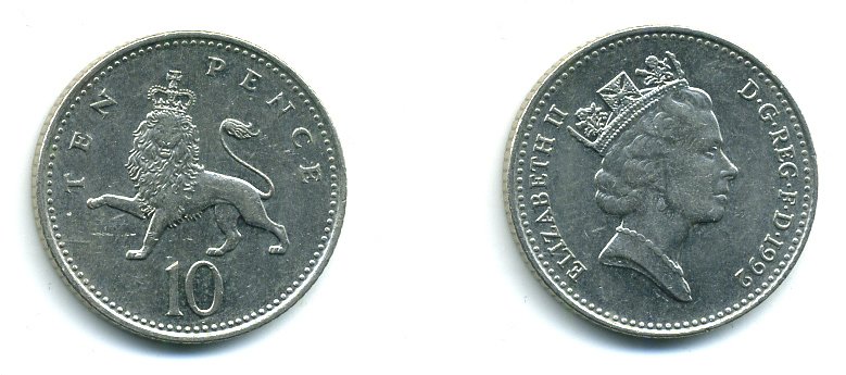 Великобритания 10 пенсов 1992 Елизавета II (1952-2022) KM 938b, Spink 4367 (F4) медно-никель 59-1245
