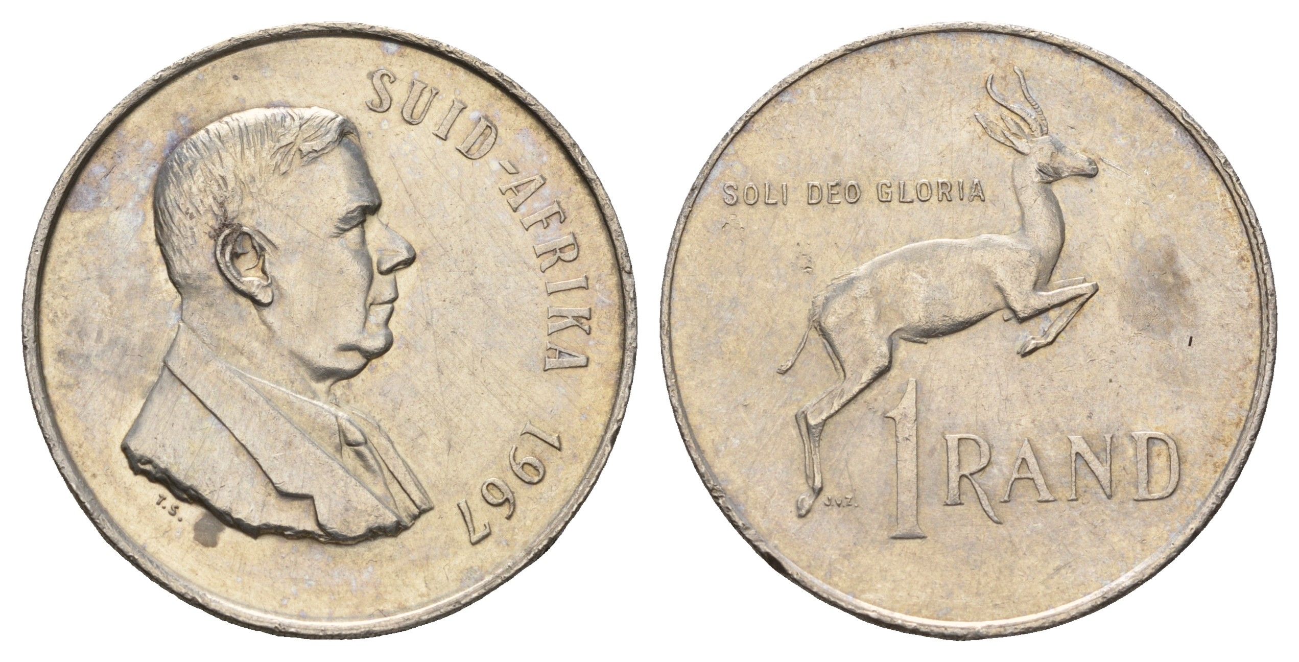ЮАР 1 ранд 1967 Первая годовщина смерти Хендрика Фервурда, надпись на африкаанс - "SUID-AFRIKA" KM 72.2 серебро 441-423