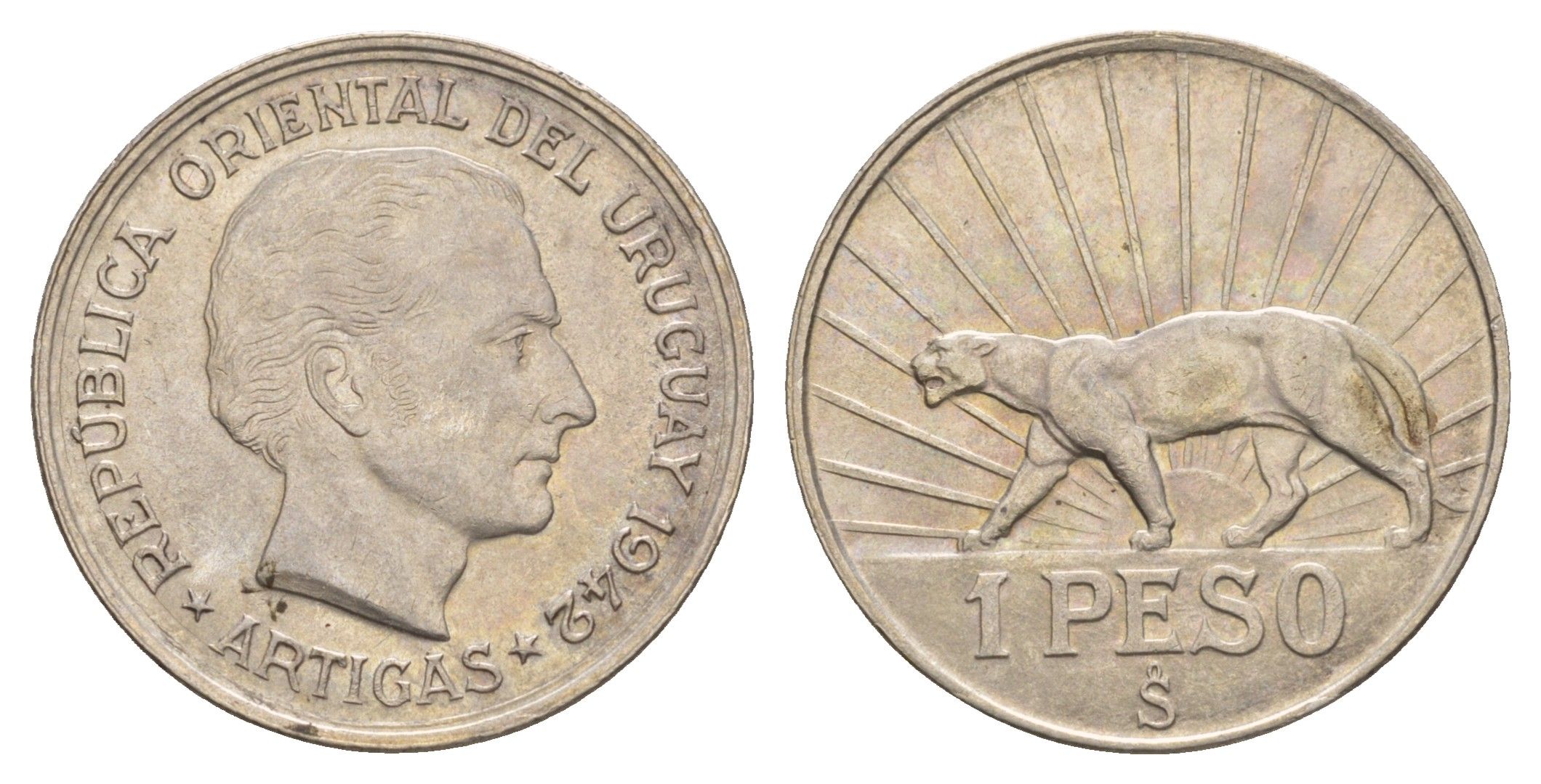 Уругвай 1 песо 1942 Хосе Хервасио Артигас, год-тип KM 30 серебро aUNC 413-2842