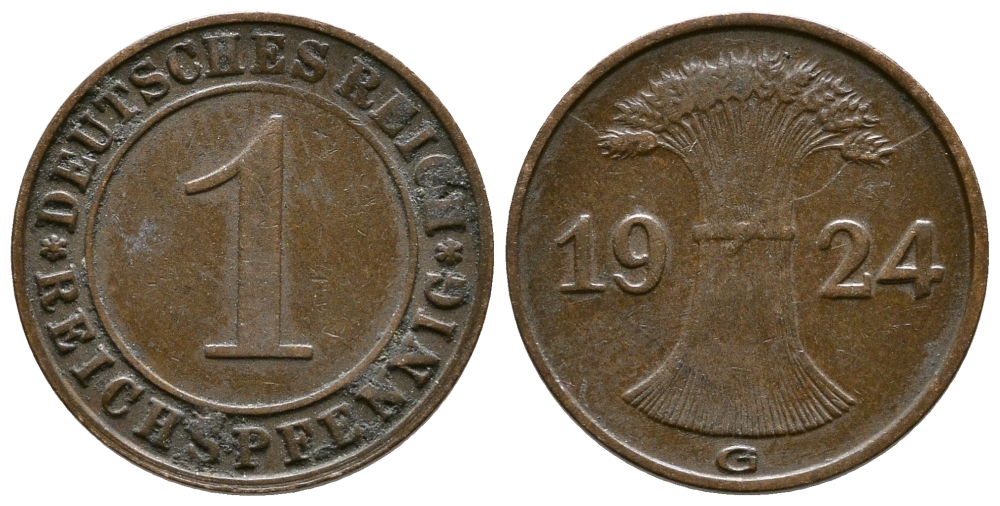 ГЕРМАНИЯ 1 РЕЙХСПФЕННИГ 1924 G KM 37, J.313 бронза 4380-1113