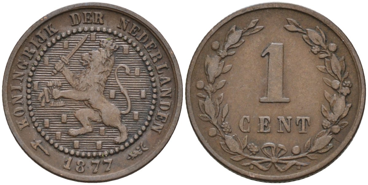 Нидерланды 1 цент 1877 Виллем III (1849-1890) KM 107 бронза 4576-524