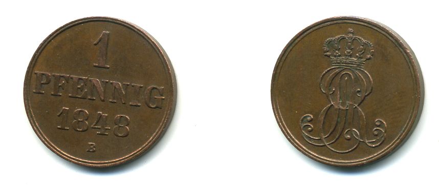 Ганновер 1 пфенниг 1848 B, Эрнст Август (1837-1851) KM 201.1, AKS 129, J. 74 медь 36-1154