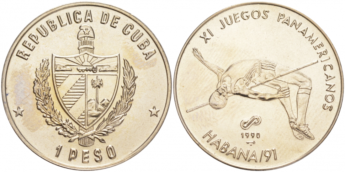 Куба 1 песо 1990 11-е панамериканские игры в Гаване в 1991 году, прыжки в высоту KM 310 медно-никель UNC 189-731