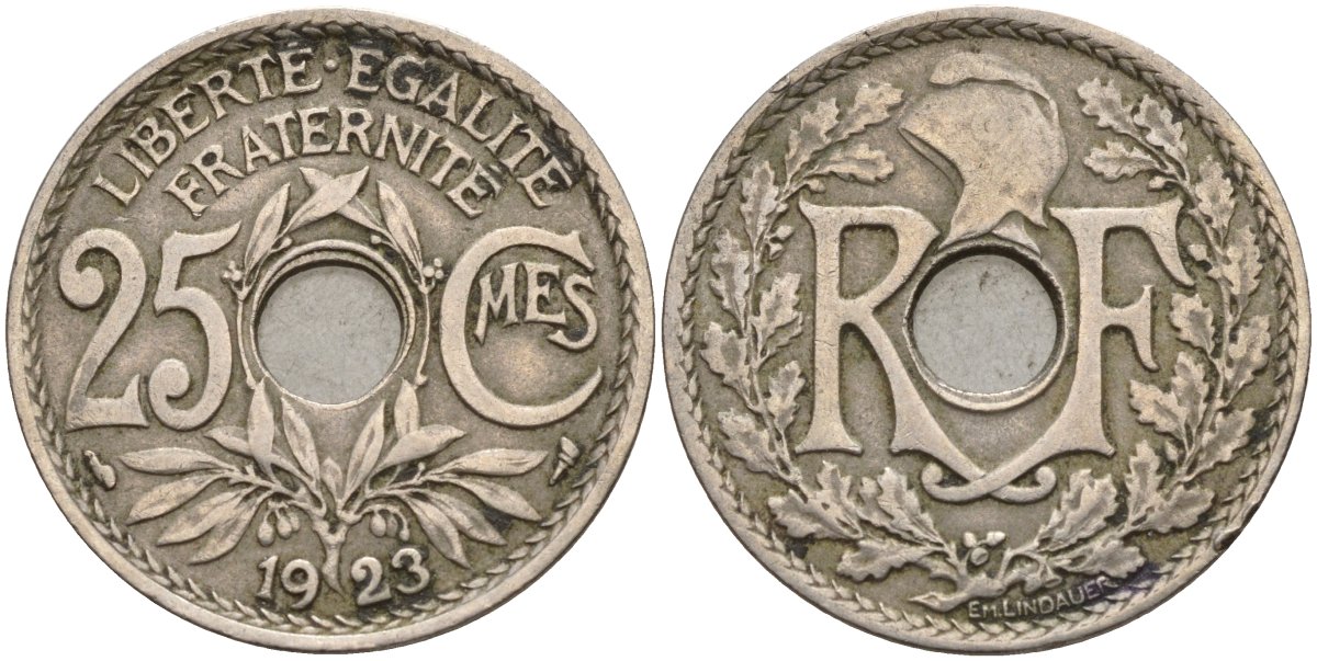 Франция 25 сантимов 1923 KM 867a, Le Franc 171.7 медно-никель 4143-417