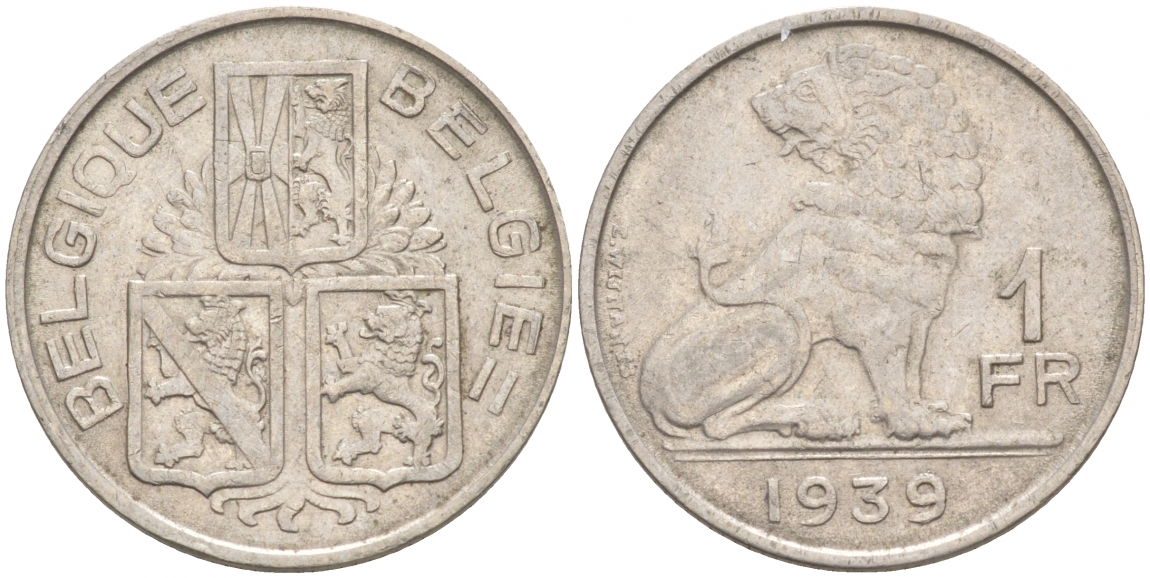 БЕЛЬГИЯ 1 ФРАНК 1939 BELGIE-BELGIQUE KM 120 никель 68-232