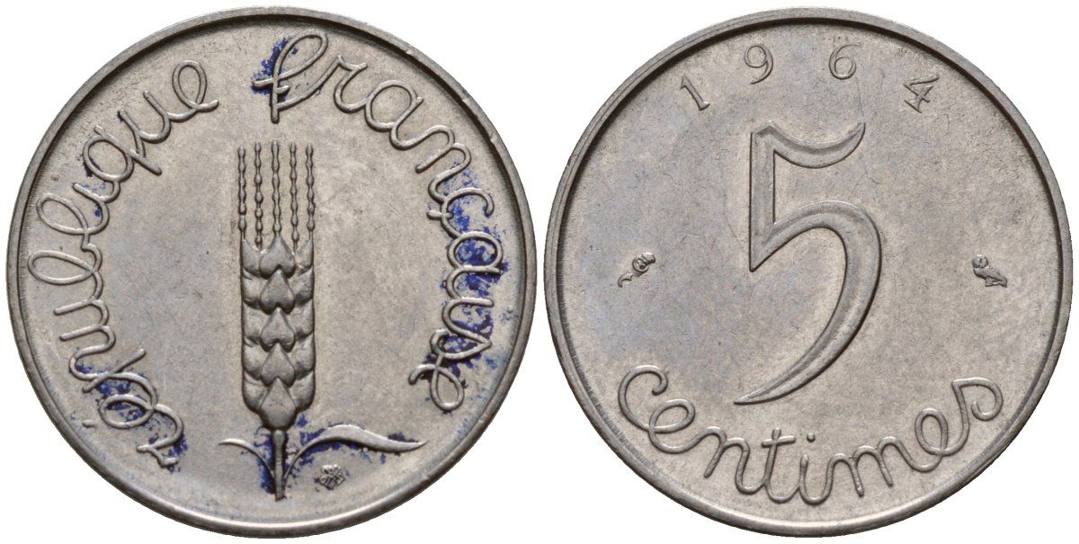 Франция 5 сантимов 1964 KM 927 нержавеющая сталь 4154-1058
