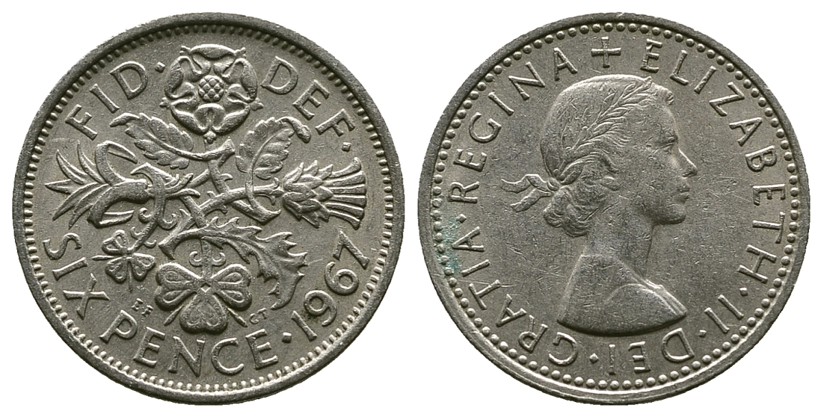 Великобритания 6 пенсов 1967 Елизавета II (1952-2022) KM 903, Spink 4149 медно-никель 4381-859